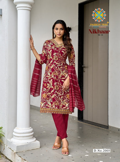Nikhaar Vol 2 Passion Tree Heavy Rayon Readymade Pant Style Suits Wholesaler Gujarat