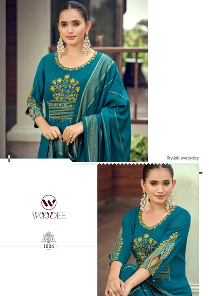 Nikhaar Woodee Rayon Readymade Pant Style Suits Supplier India