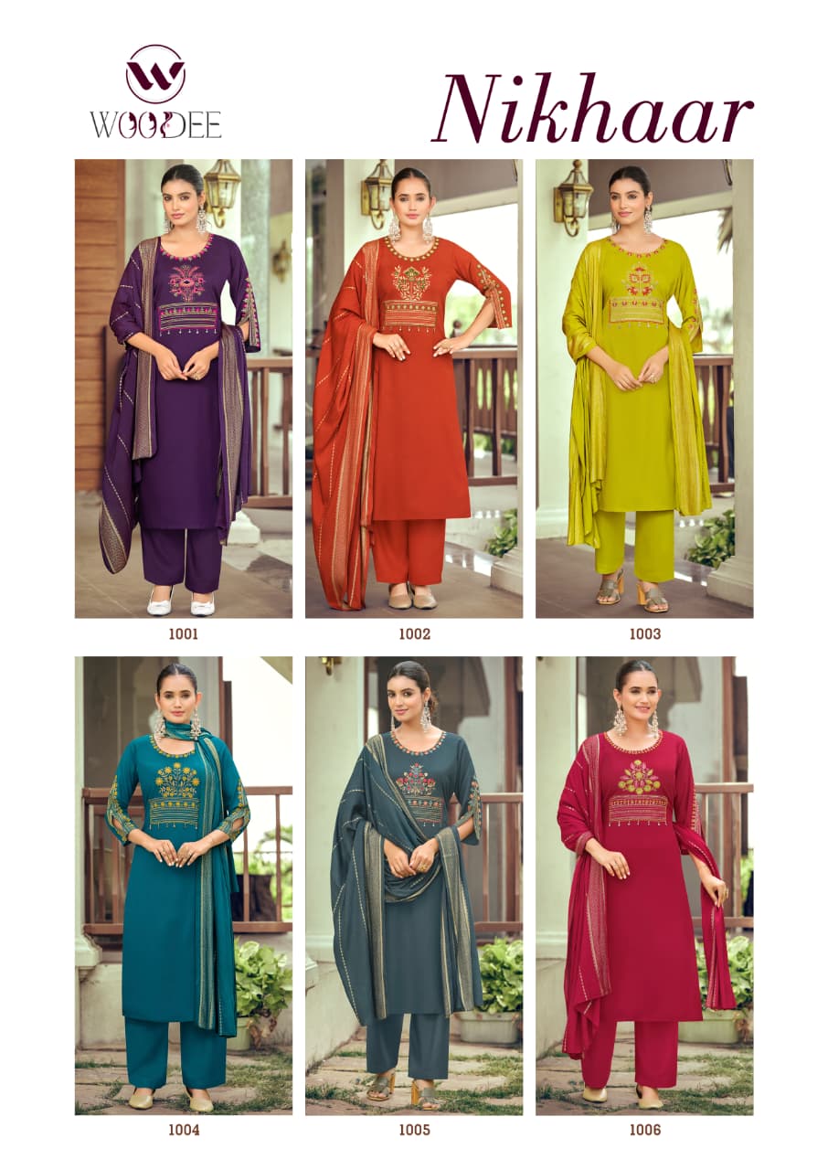 Nikhaar Woodee Rayon Readymade Pant Style Suits Supplier India