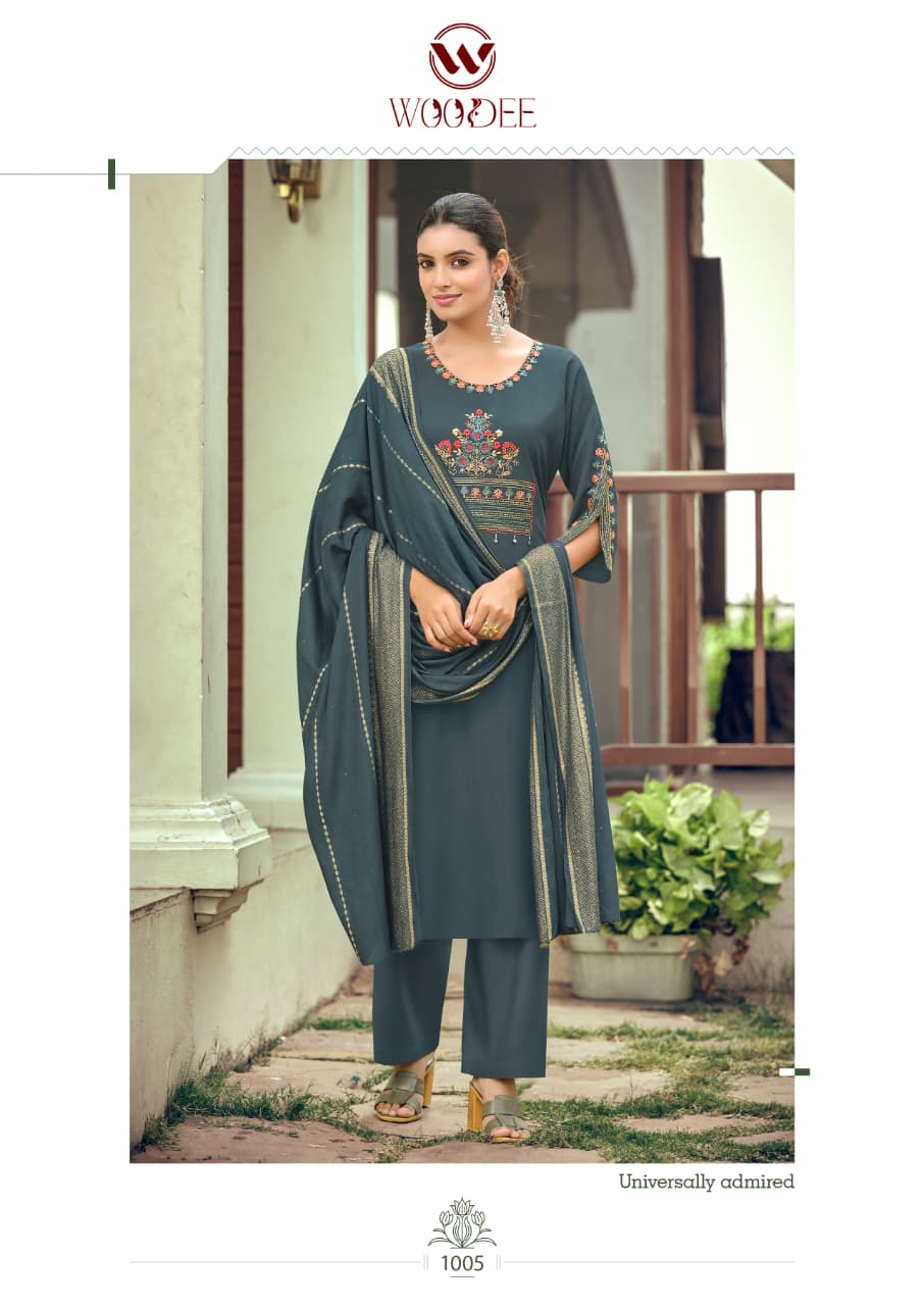 Nikhaar Woodee Rayon Readymade Pant Style Suits Supplier India