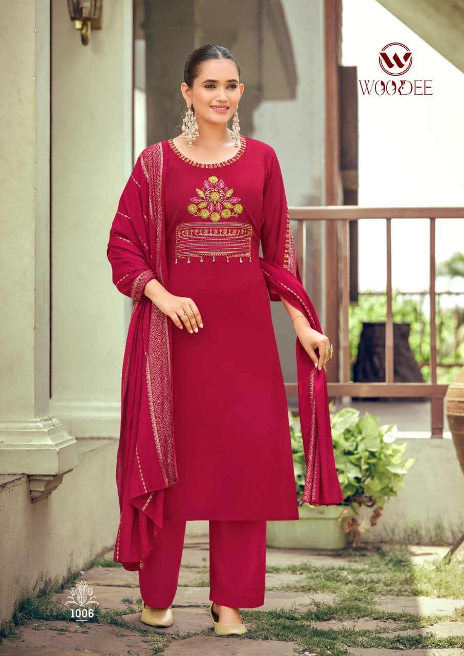 Nikhaar Woodee Rayon Readymade Pant Style Suits Supplier India