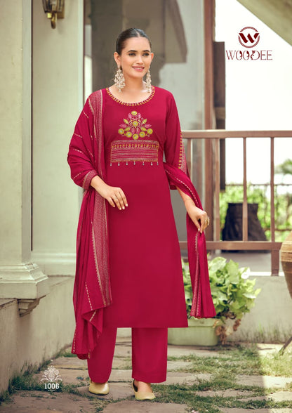 Nikhaar Woodee Rayon Readymade Pant Style Suits Supplier India