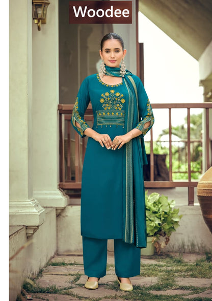 Nikhaar Woodee Rayon Readymade Pant Style Suits Supplier India