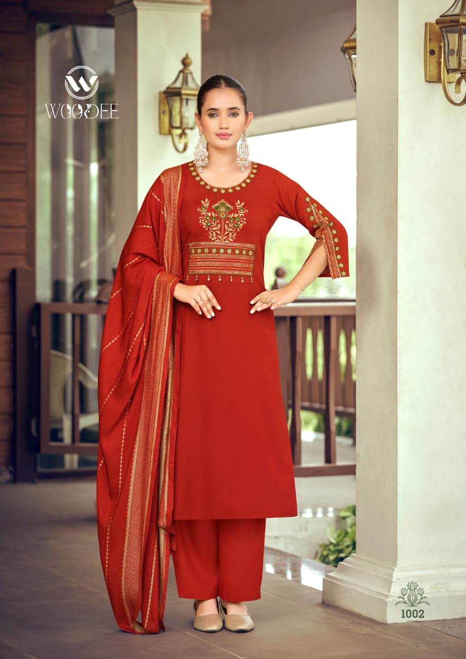 Nikhaar Woodee Rayon Readymade Pant Style Suits Supplier India