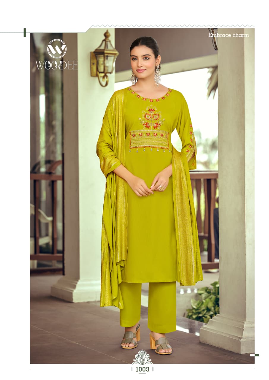 Nikhaar Woodee Rayon Readymade Pant Style Suits Supplier India