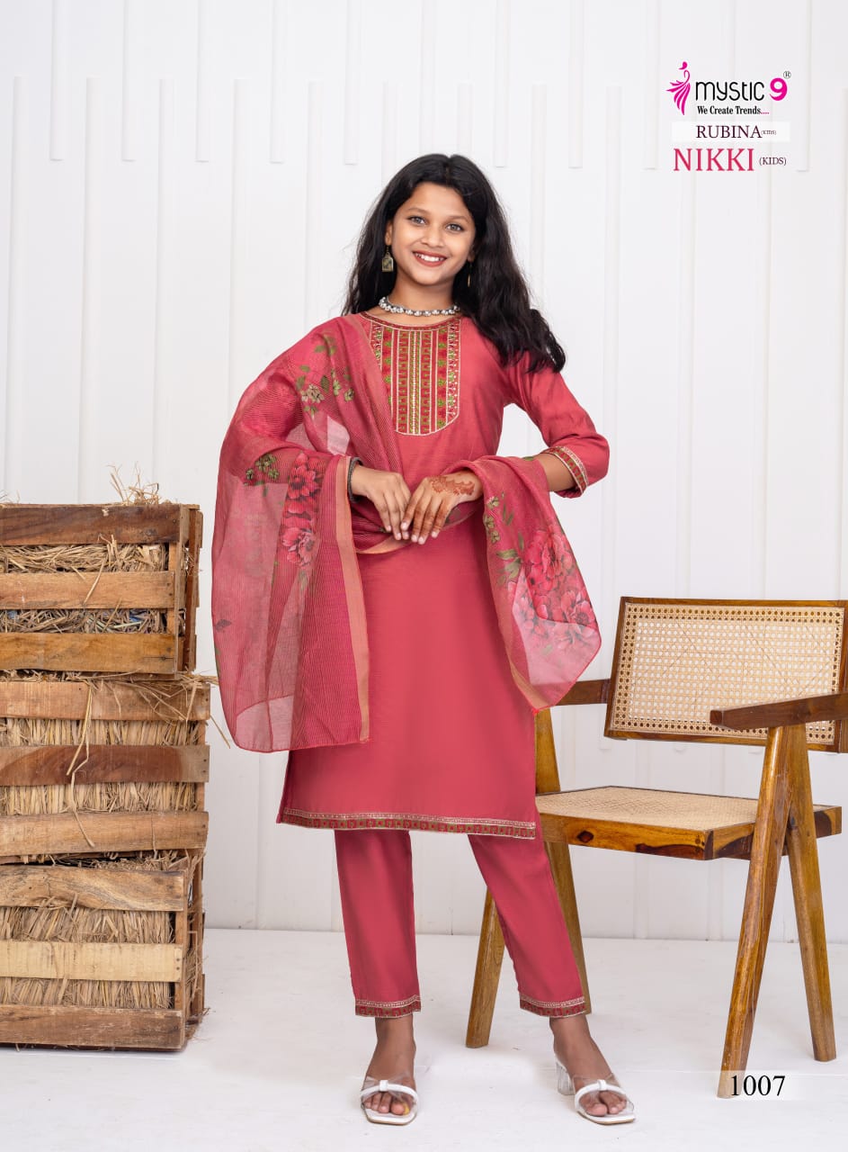 Nikki Vol 1 Mystic 9 Vertican Girls Readymade Pant Suits Wholesaler Ahmedabad