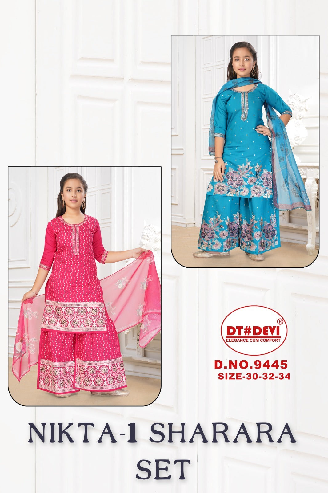 Nikta Vol 1 9445 Dt Devi Roman Silk Girls Readymade Sharara Suits Supplier Ahmedabad