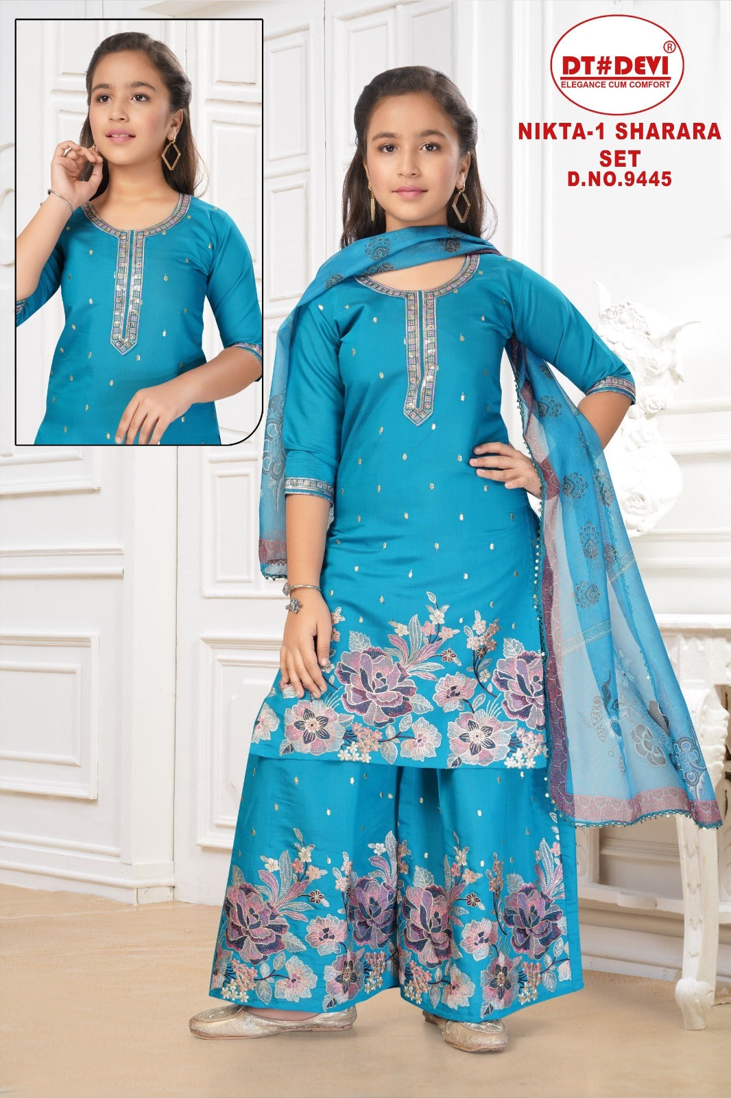 Nikta Vol 1 9445 Dt Devi Roman Silk Girls Readymade Sharara Suits Supplier Ahmedabad