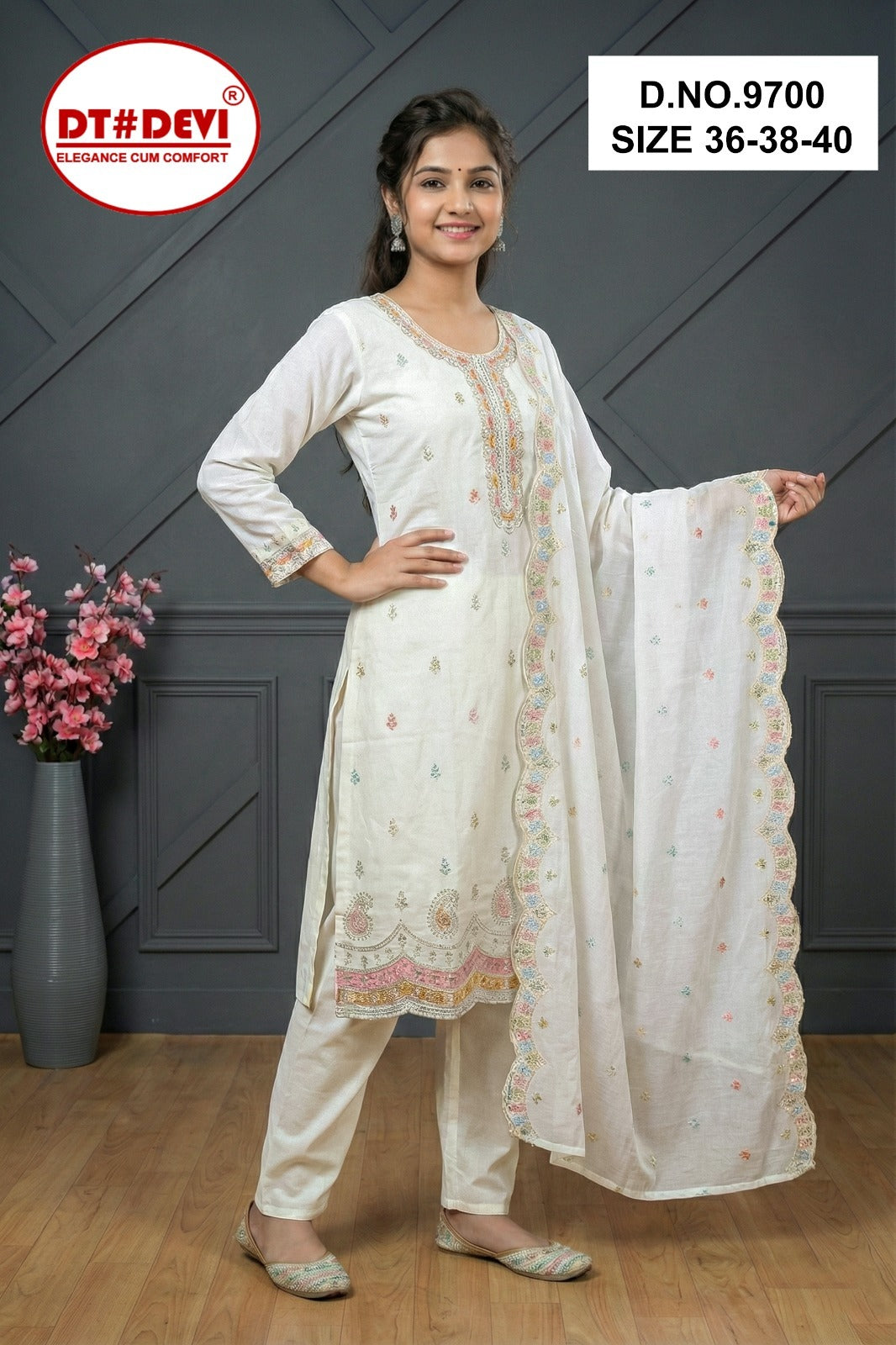 Nilakshi 9700 Dt Devi Roman Silk Girls Readymade Pant Suits Supplier