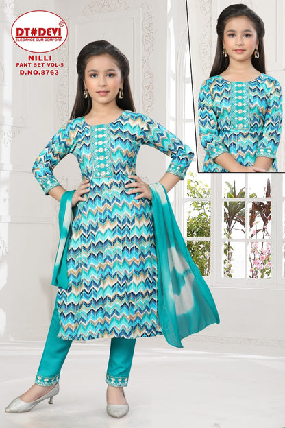 Nilli Vol 5 8763 Dt Devi Rayon Girls Readymade Pant Suits Wholesale Price