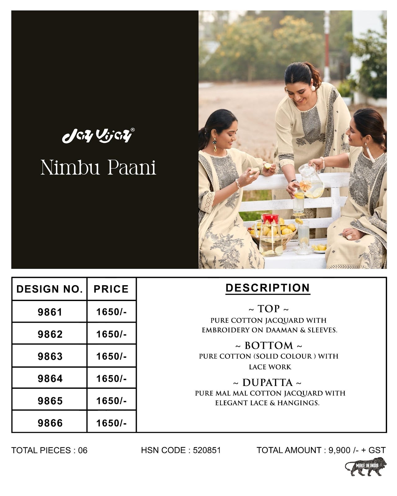 Nimbu Paani Jay Vijay Cotton Jacquard Pant Style Suits Wholesaler Ahmedabad
