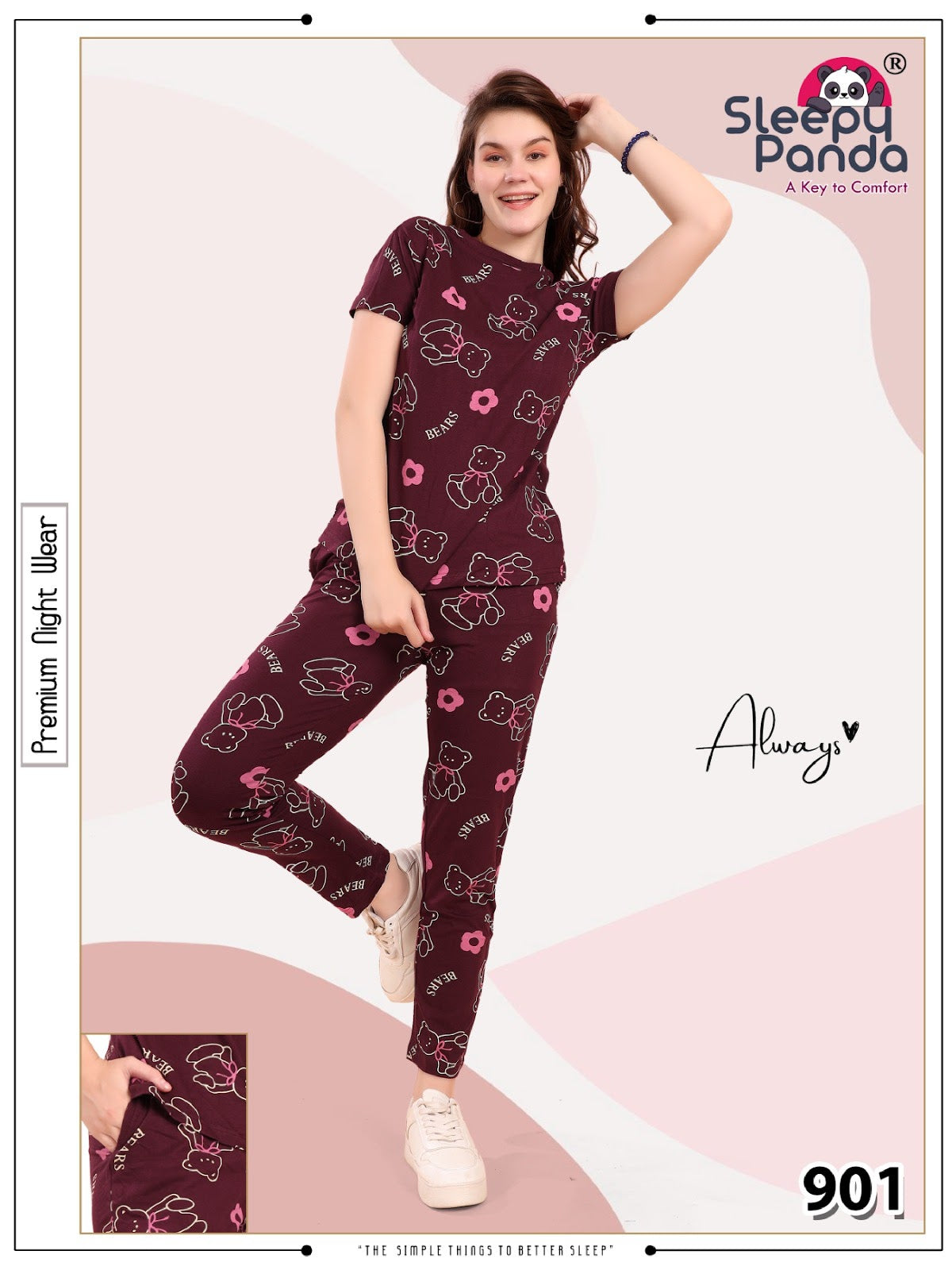 Niraya 901 Sleepy Panda Hosiery Pyjama Night Suits Wholesale Price