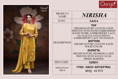Nirisha 4414 Ganga Cotton Satin Pant Style Suits Exporter Gujarat