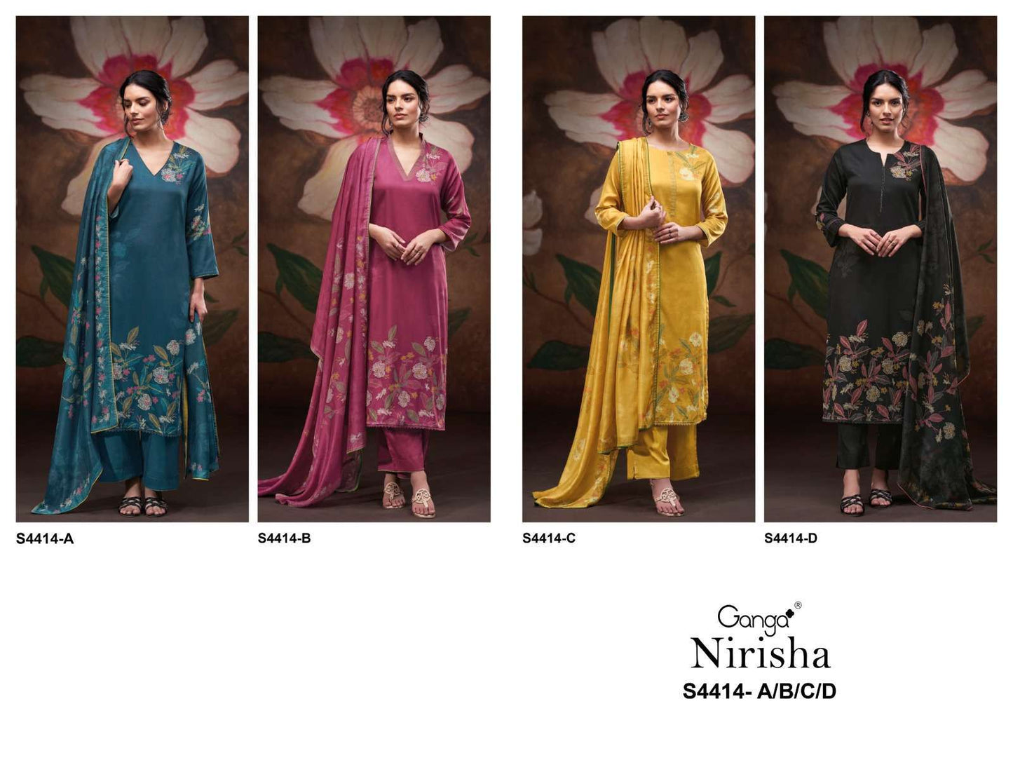 Nirisha 4414 Ganga Cotton Satin Pant Style Suits Exporter Gujarat