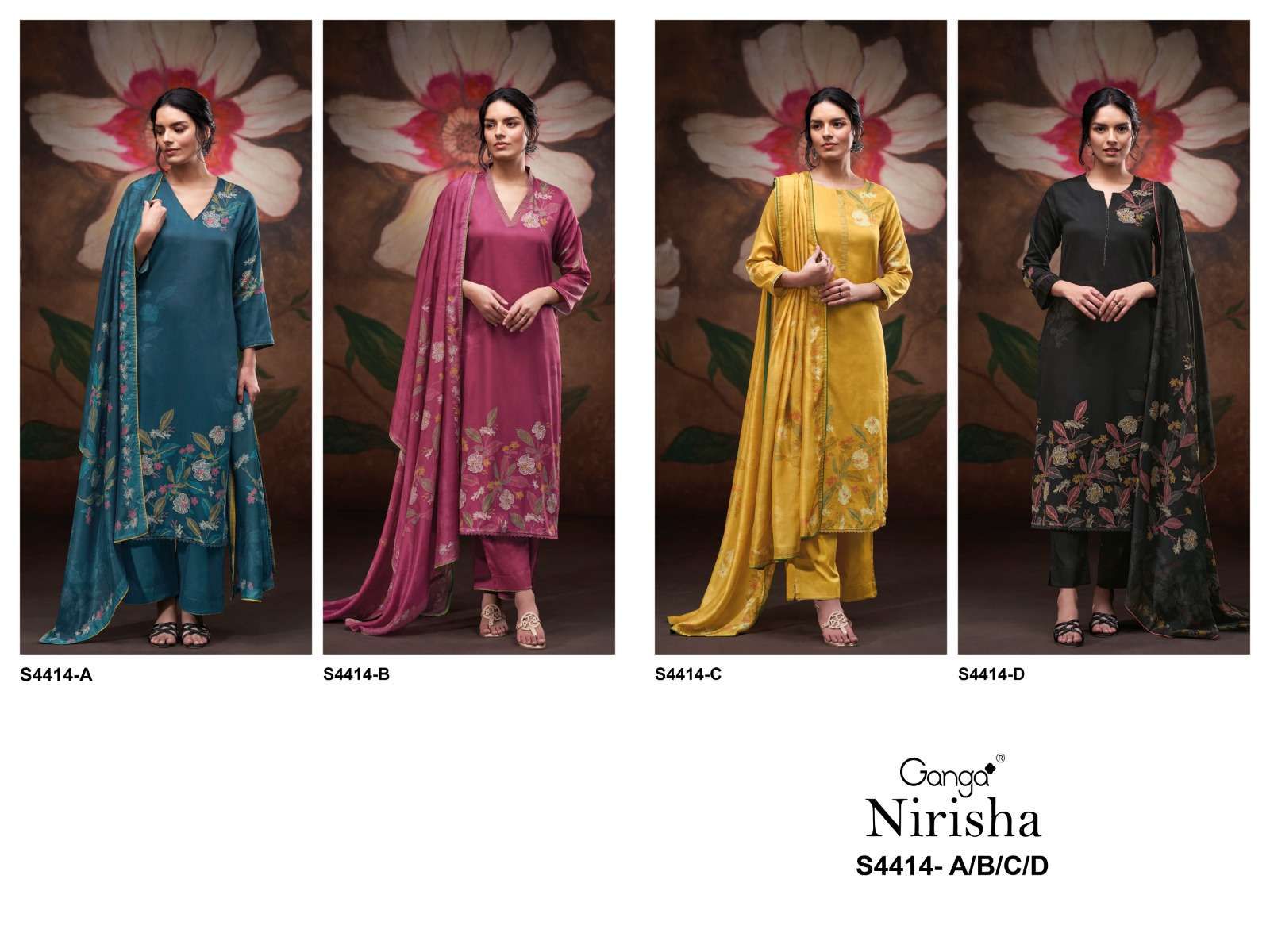 Nirisha 4414 Ganga Cotton Satin Pant Style Suits Exporter Gujarat