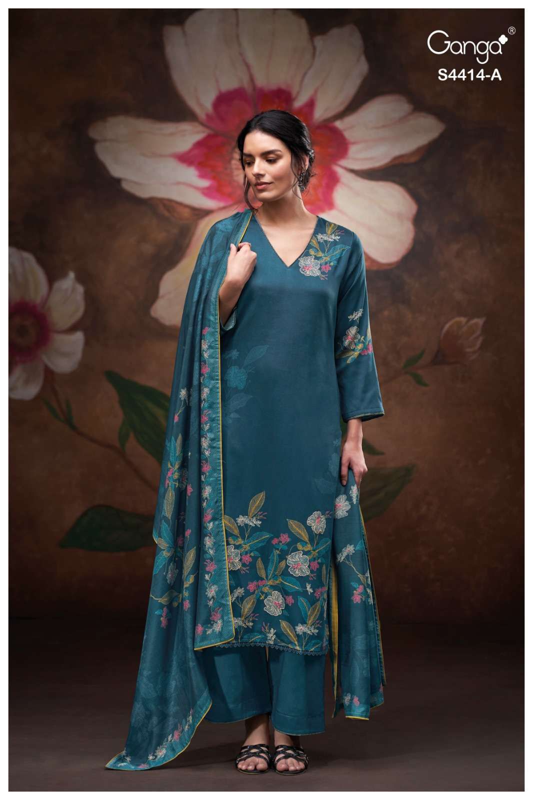 Nirisha 4414 Ganga Cotton Satin Pant Style Suits Exporter Gujarat