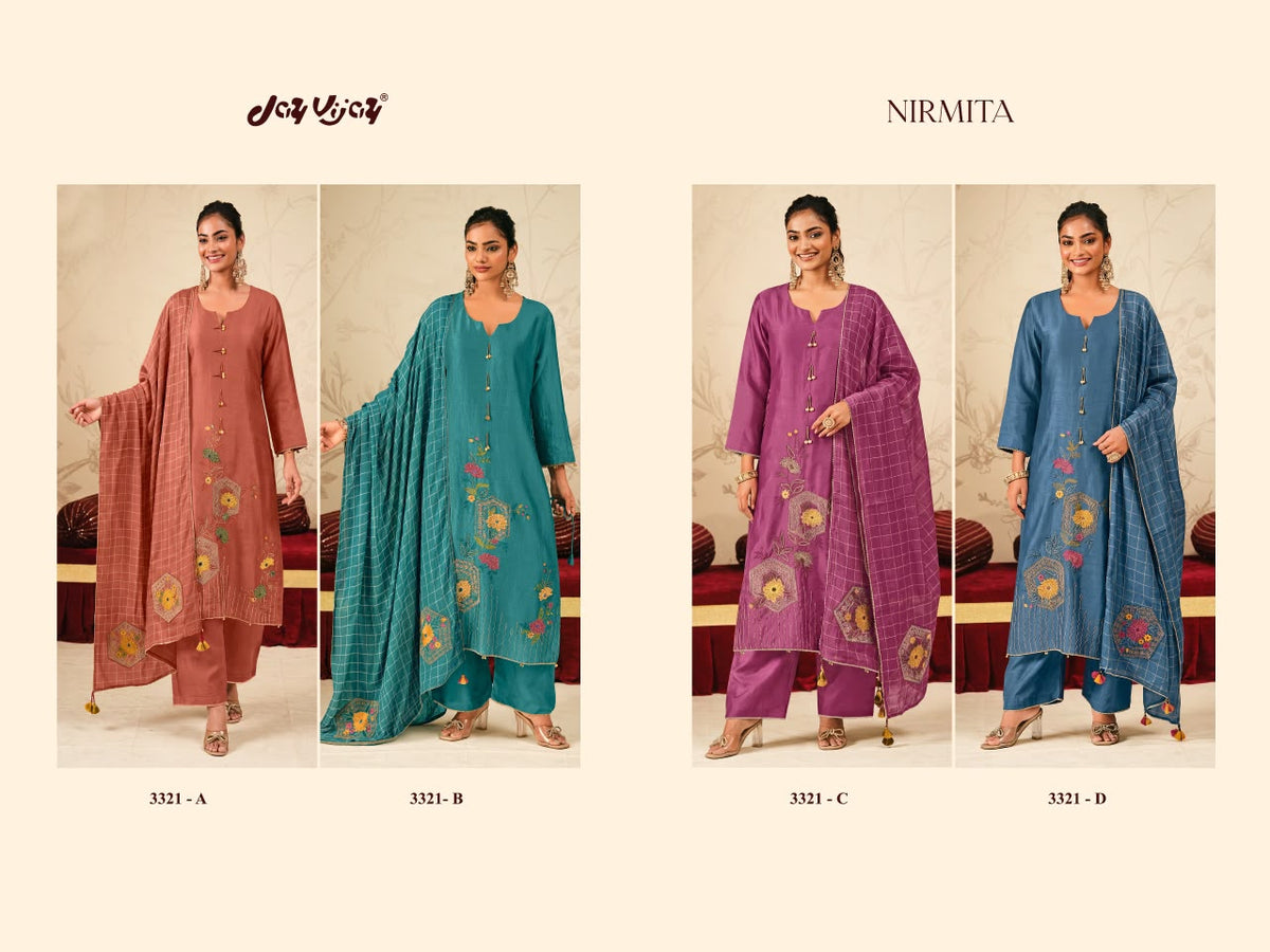 Nirmita 3321 Jay Vijay Chiniya Silk Plazzo Style Suits Manufacturer Ahmedabad