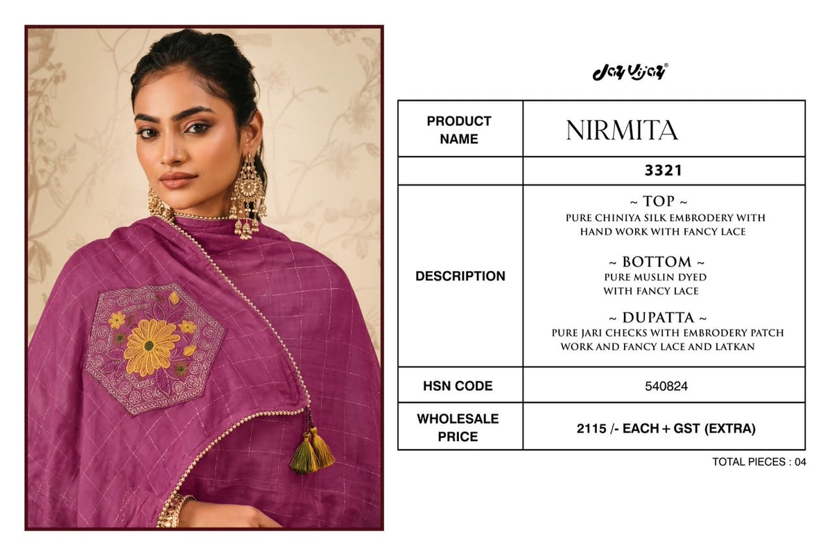 Nirmita 3321 Jay Vijay Chiniya Silk Plazzo Style Suits Manufacturer Ahmedabad