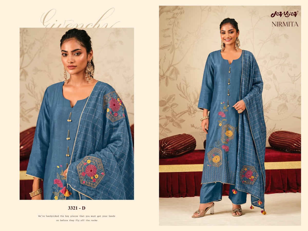 Nirmita 3321 Jay Vijay Chiniya Silk Plazzo Style Suits Manufacturer Ahmedabad