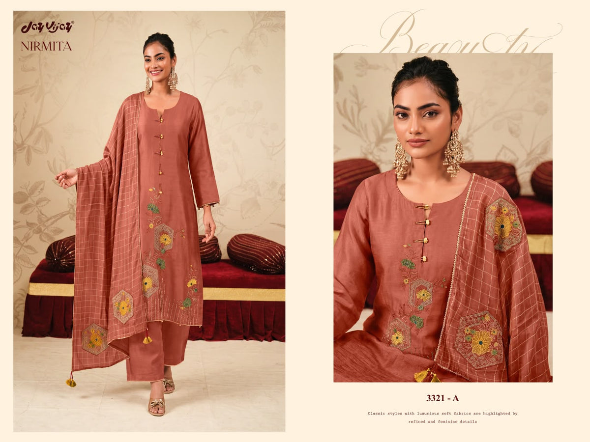 Nirmita 3321 Jay Vijay Chiniya Silk Plazzo Style Suits Manufacturer Ahmedabad