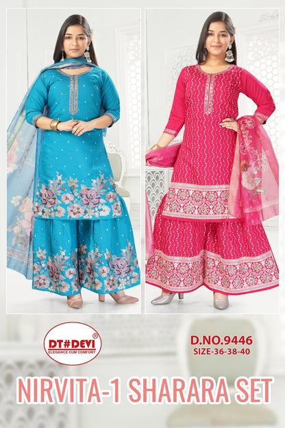 Nirvita Vol 1 9446 Dt Devi Roman Silk Girls Readymade Sharara Suits Exporter Ahmedabad