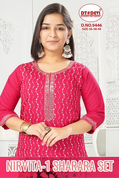 Nirvita Vol 1 9446 Dt Devi Roman Silk Girls Readymade Sharara Suits Exporter Ahmedabad