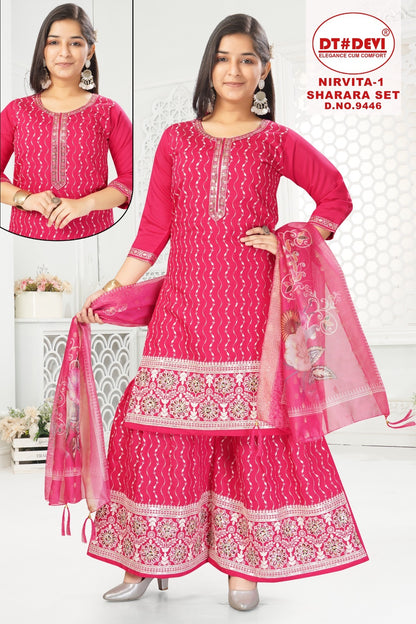 Nirvita Vol 1 9446 Dt Devi Roman Silk Girls Readymade Sharara Suits Exporter Ahmedabad