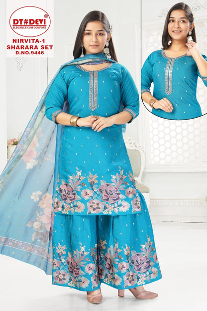 Nirvita Vol 1 9446 Dt Devi Roman Silk Girls Readymade Sharara Suits Exporter Ahmedabad
