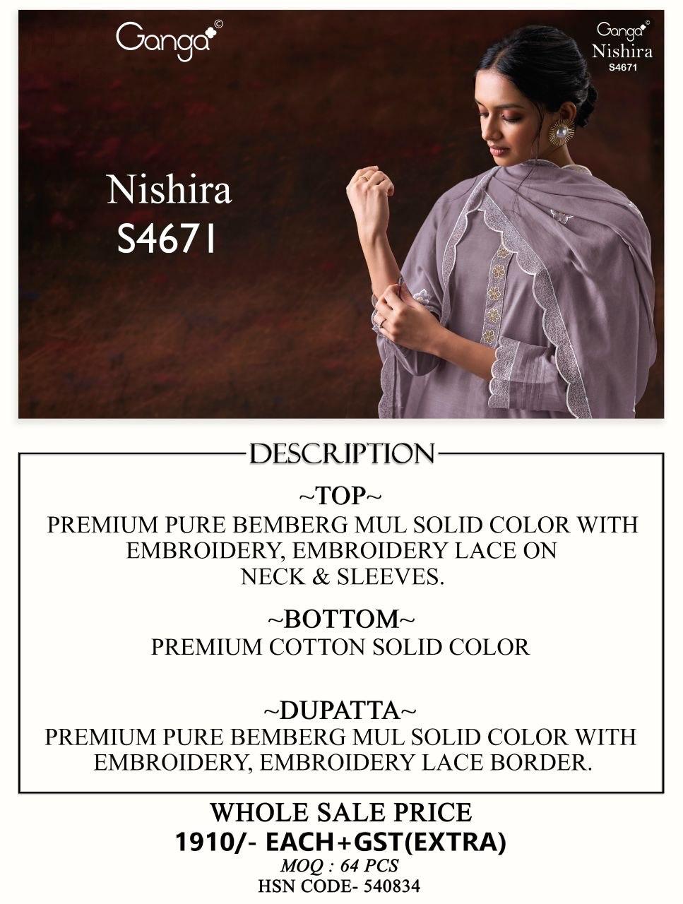 Nishira 4671 Ganga Bemberg Plazzo Style Suits Exporter India