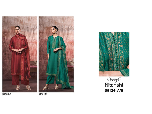 Nitanshi S5124 Ganga Russian Silk Plazzo Style Suits Wholesaler Ahmedabad