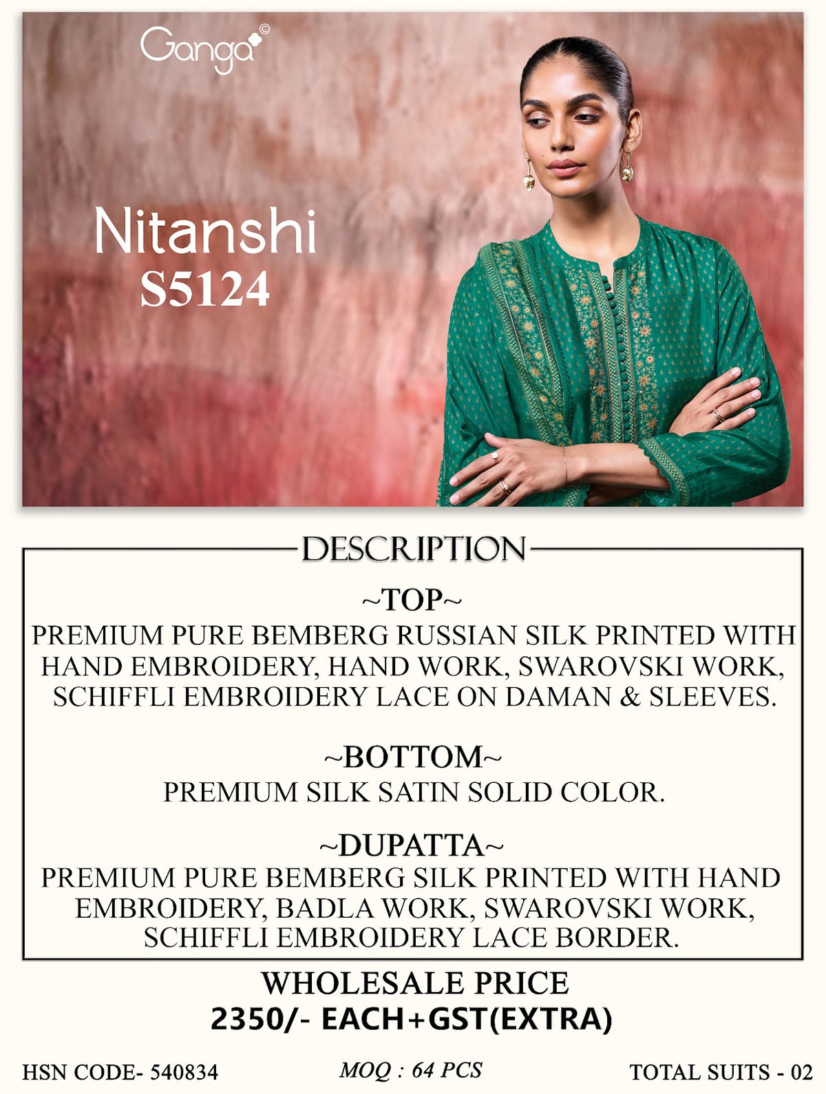 Nitanshi S5124 Ganga Russian Silk Plazzo Style Suits Wholesaler Ahmedabad