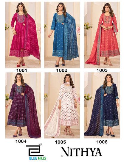 Nithya Blue Hills Rayon 14Kg Gown Dupatta Set Wholesale Price