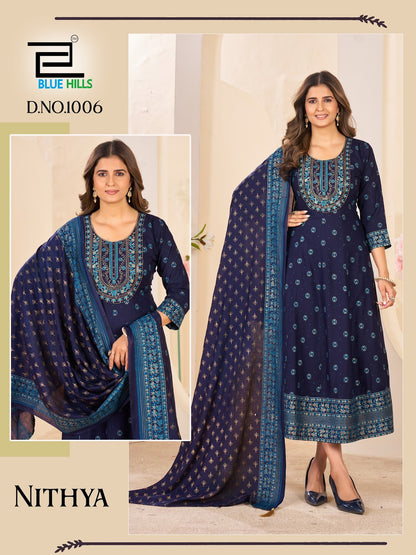 Nithya Blue Hills Rayon 14Kg Gown Dupatta Set Wholesale Price