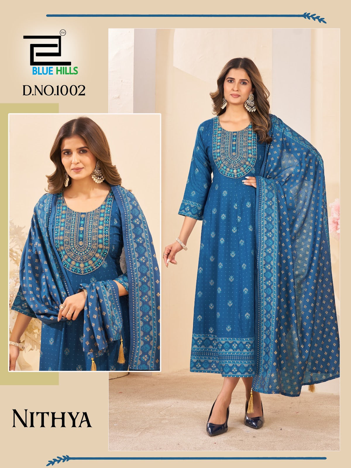Nithya Blue Hills Rayon 14Kg Gown Dupatta Set Wholesale Price