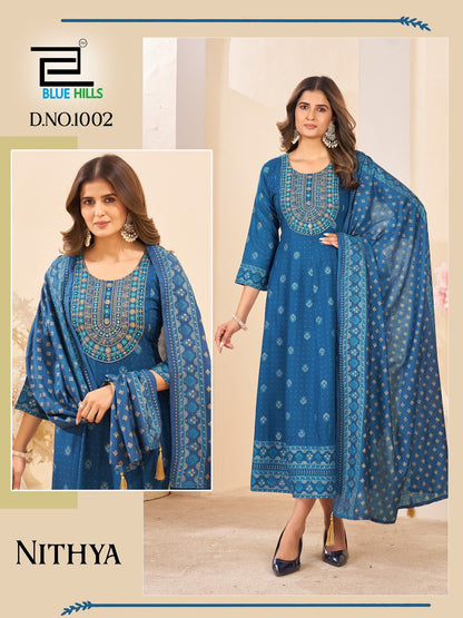Nithya Blue Hills Rayon 14Kg Gown Dupatta Set Wholesale Price