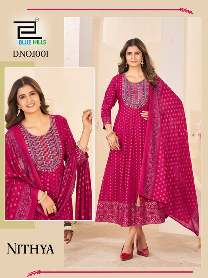 Nithya Blue Hills Rayon 14Kg Gown Dupatta Set Wholesale Price