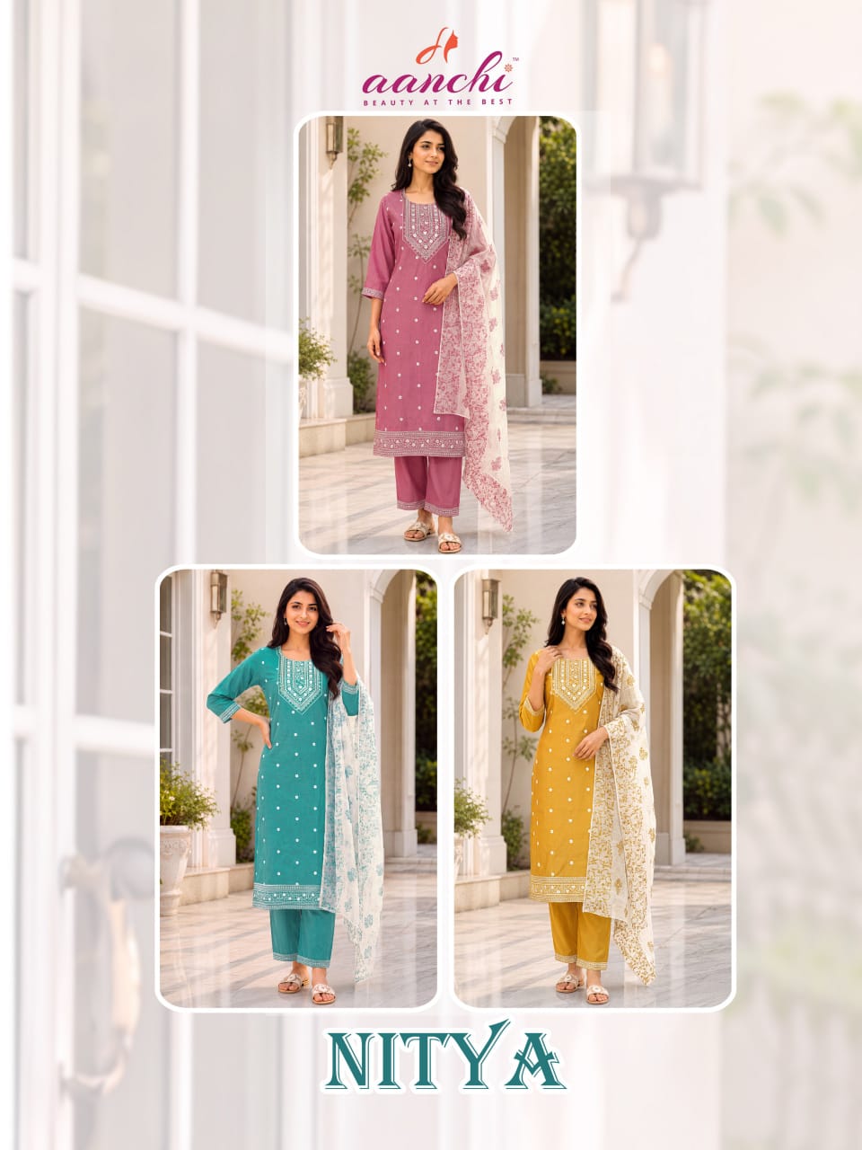 Nitya Aanchi Roman Silk Readymade Pant Style Suits Wholesale Price