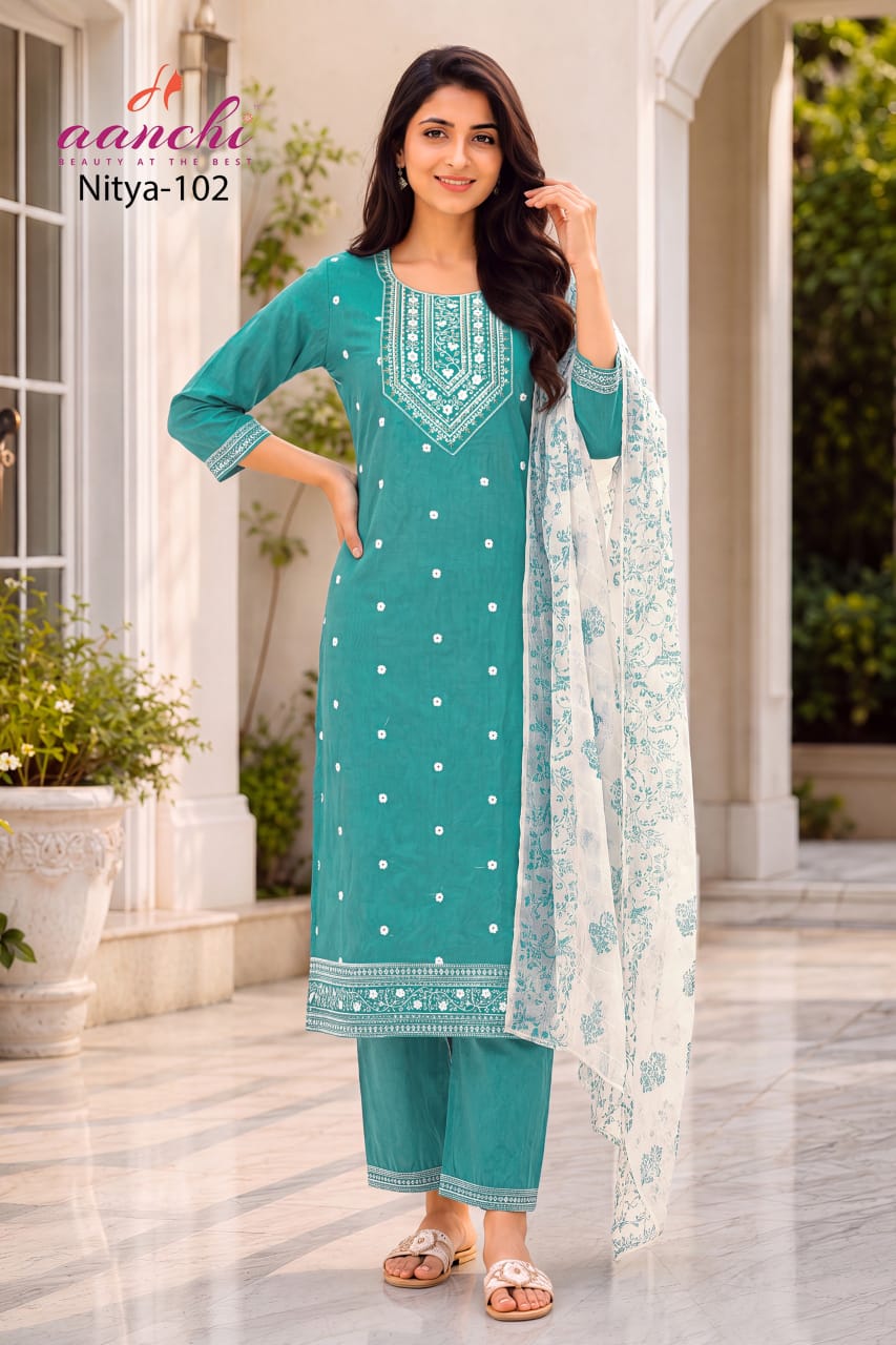 Nitya Aanchi Roman Silk Readymade Pant Style Suits Wholesale Price