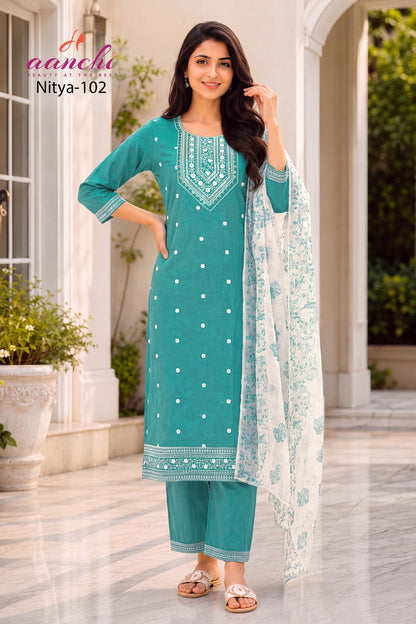 Nitya Aanchi Roman Silk Readymade Pant Style Suits Wholesale Price