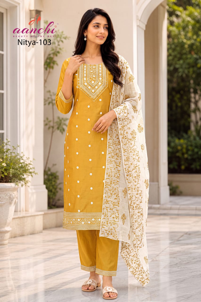 Nitya Aanchi Roman Silk Readymade Pant Style Suits Wholesale Price