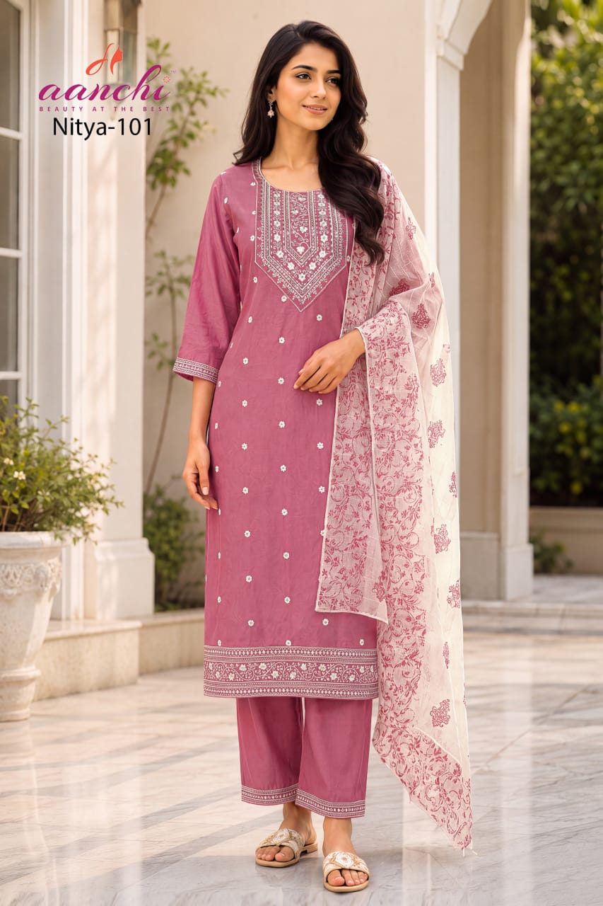 Nitya Aanchi Roman Silk Readymade Pant Style Suits Wholesale Price