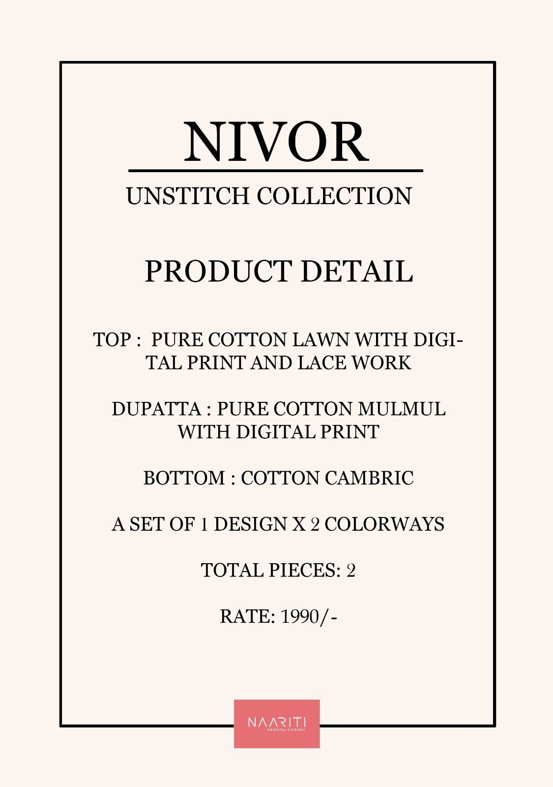 Nivor Naariti Cotton Lawn Pant Style Suits Supplier India