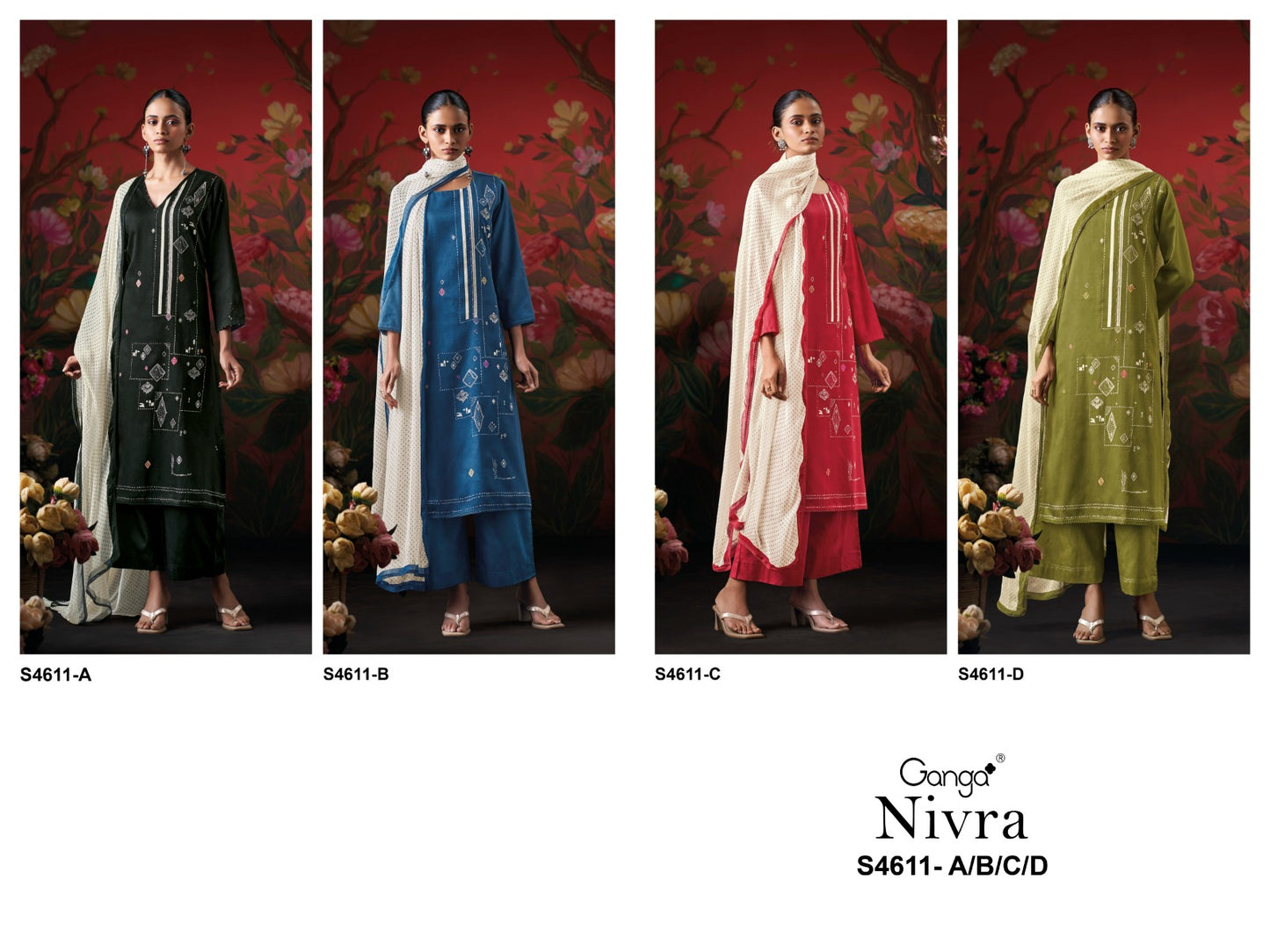 Nivra S4611 Ganga Cotton Satin Plazzo Style Suits Wholesaler India
