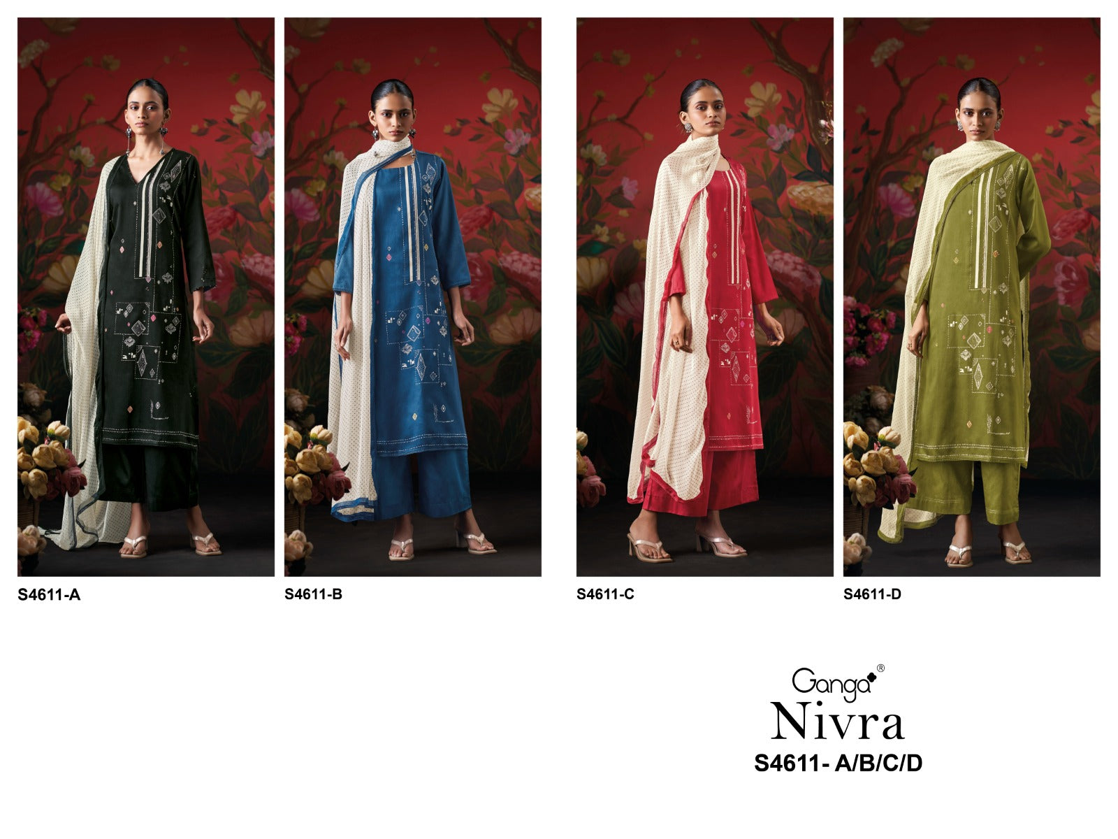 Nivra S4611 Ganga Cotton Satin Plazzo Style Suits Wholesaler India