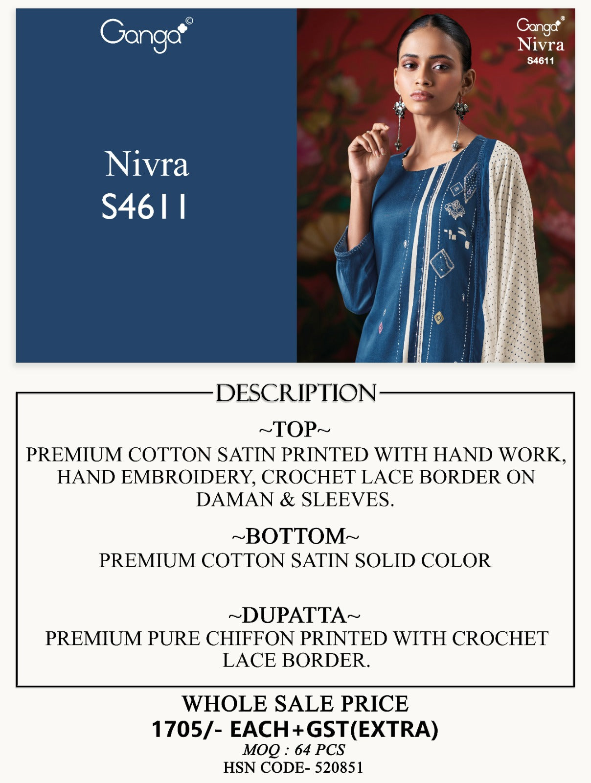 Nivra S4611 Ganga Cotton Satin Plazzo Style Suits Wholesaler India