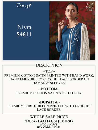 Nivra S4611 Ganga Cotton Satin Plazzo Style Suits Wholesaler India