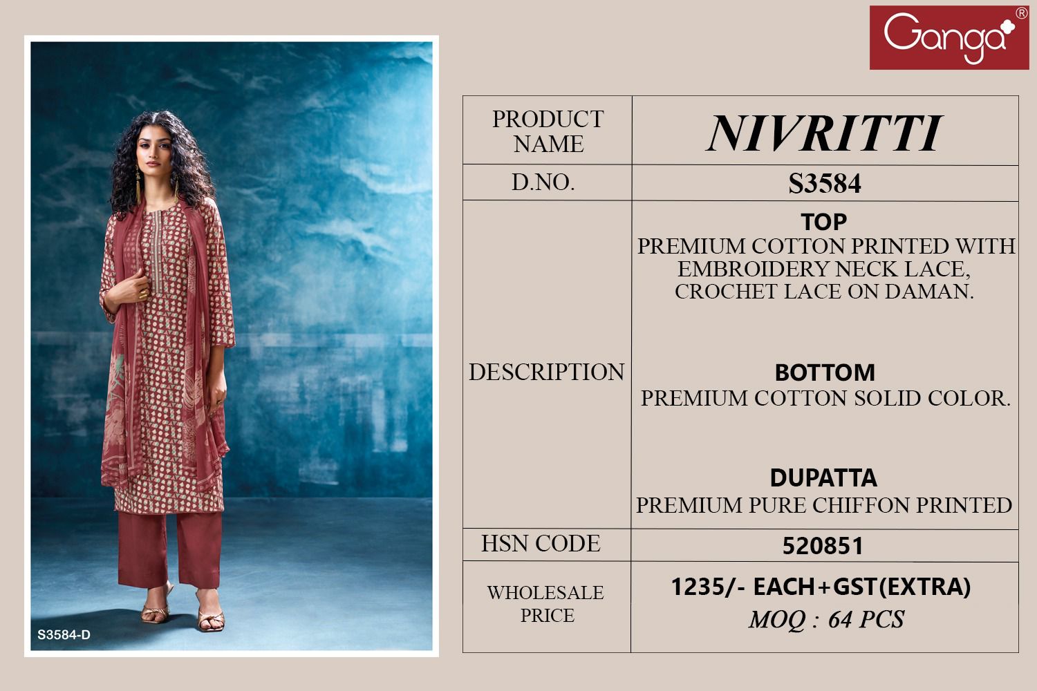 Nivritti 3584 Ganga Premium Cotton Pant Style Suits Supplier India