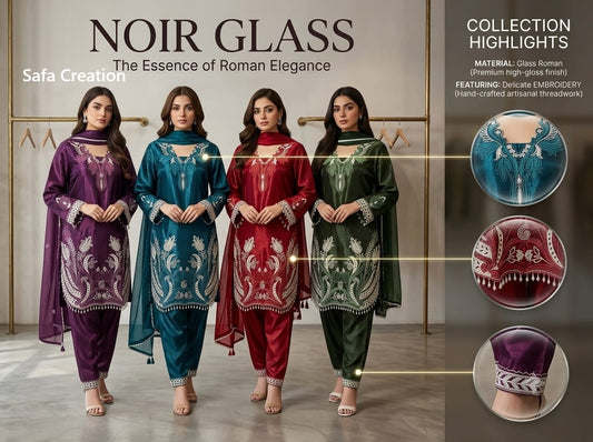 Noir Glass Safa Creation Satin Pakistani Readymade Suits Wholesaler Ahmedabad