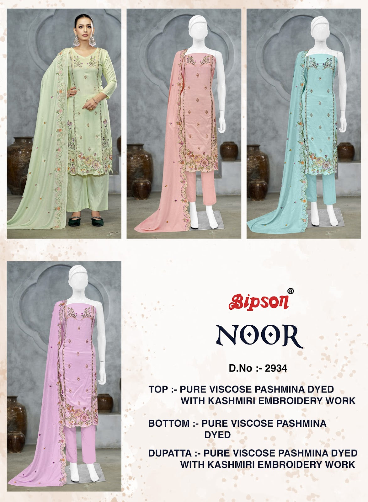 Noor 2934 Bipson Prints Viscose Pashmina Suits Supplier