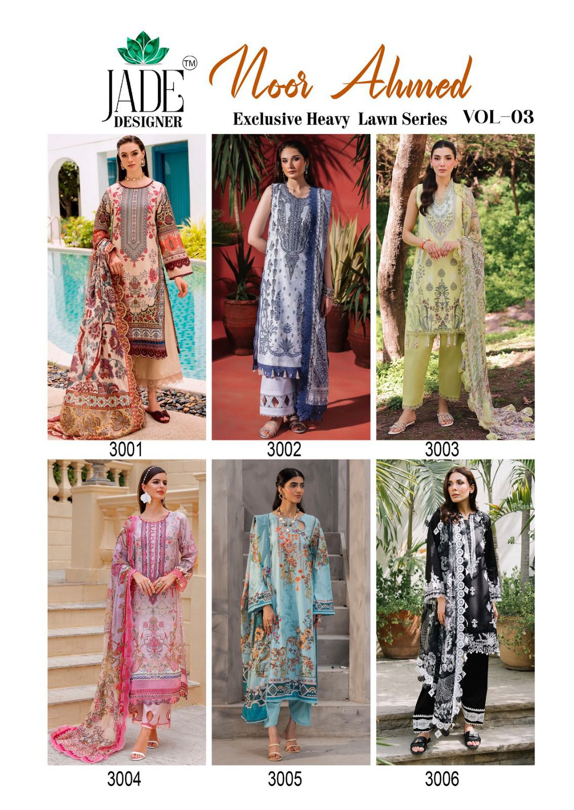 Noor Ahmed Vol 3 Exculsive Heavy Lawn Series Jade Designer Cotton Karachi Salwar Suits Exporter Gujarat